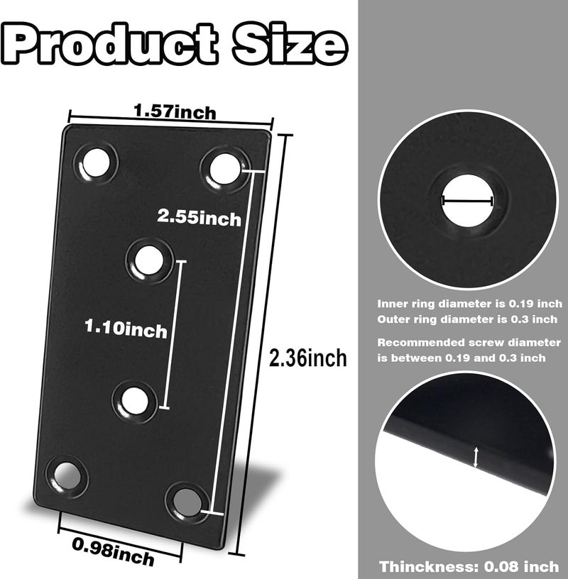 XHMAXE 35-Pack Mending Plates for Wood, 2.36” 304 Stainless Steel Straight Mending Joining Plates, Heavy Duty Metal Brackets for Brace, Wood Furniture Fence Bookcase- Black - Image 2